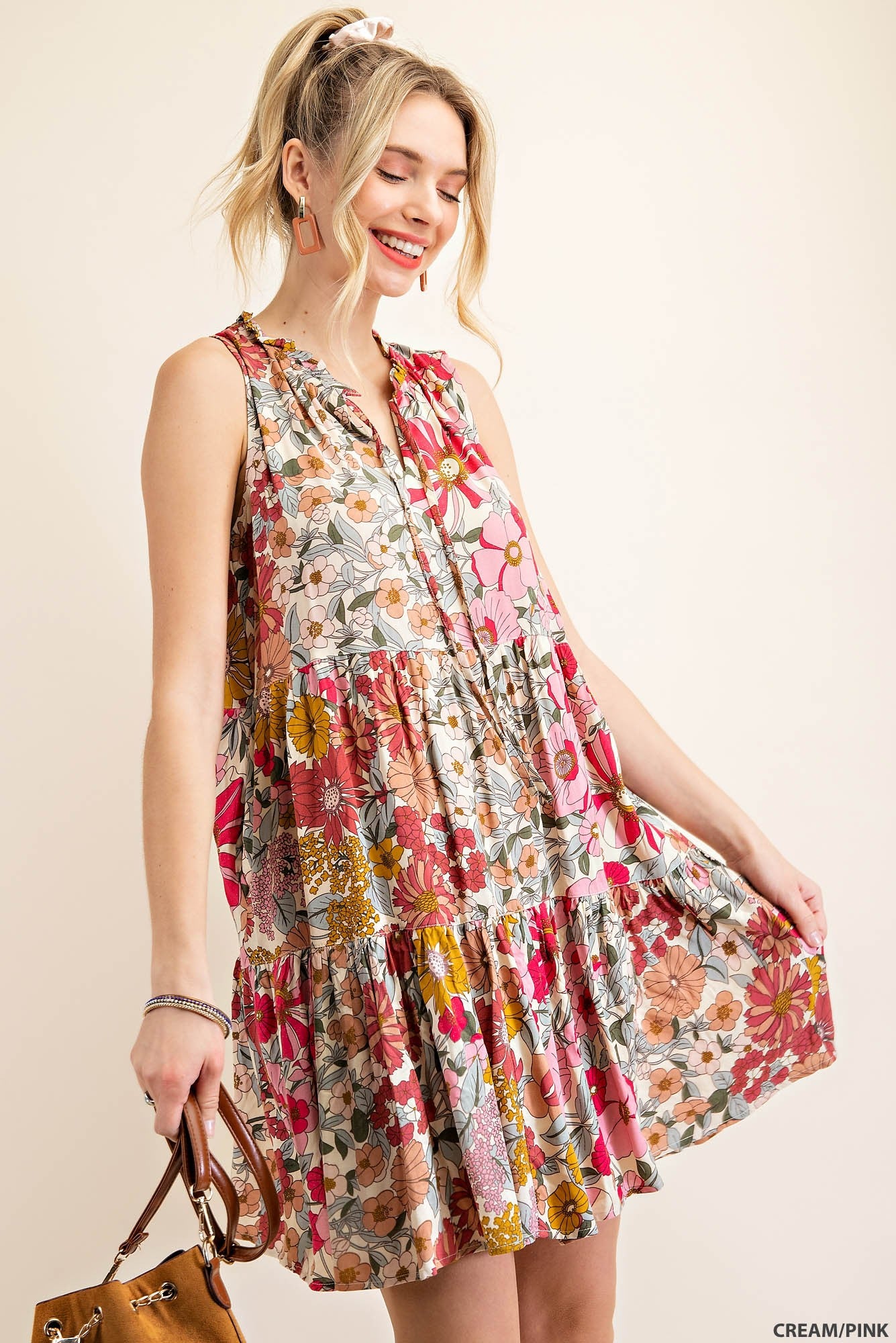 Grey/Purple and Cream/Pink Ruffle Colla Floral Print Halter Dress