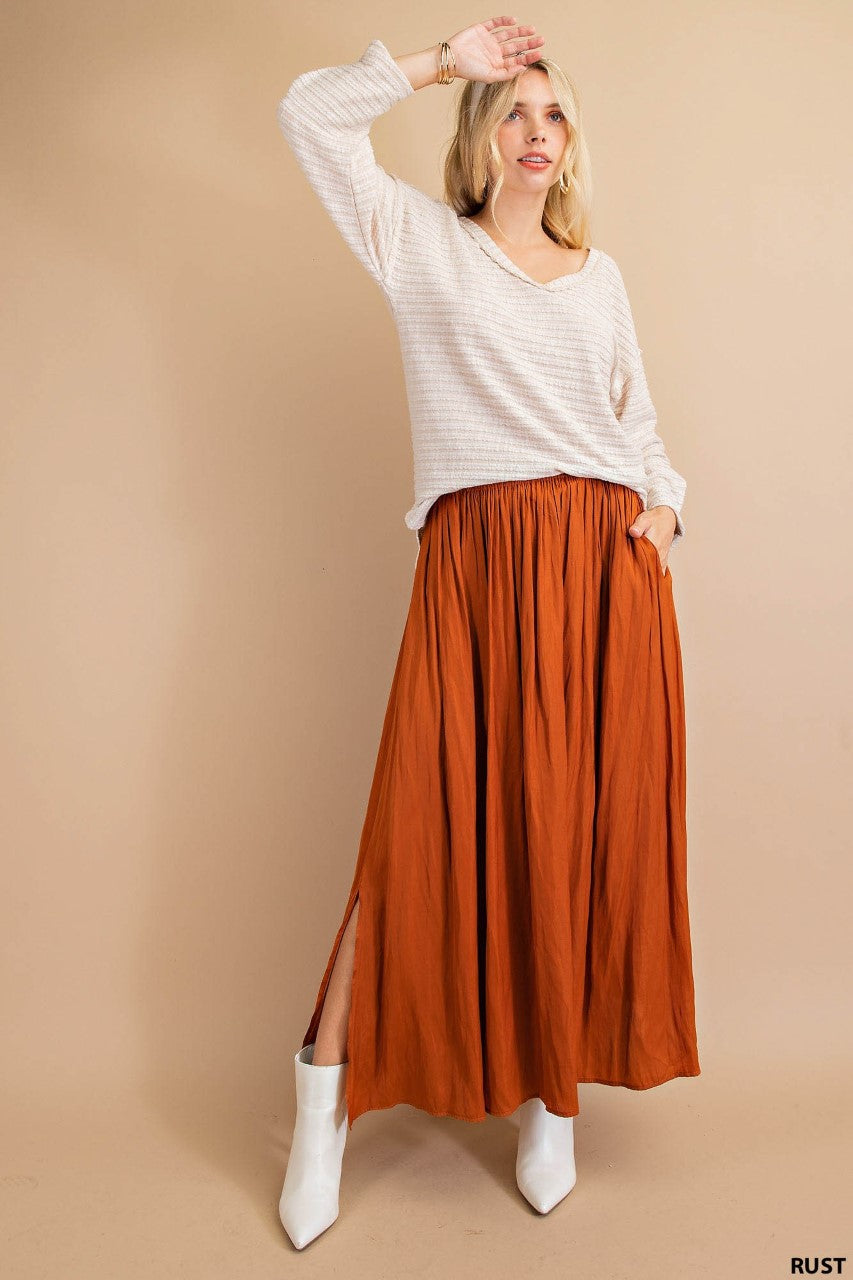 Deep Side Slit A-line Skirt WITH Side Pockets and Elastic Waist