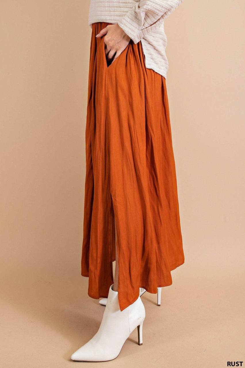Deep Side Slit A-line Skirt WITH Side Pockets and Elastic Waist
