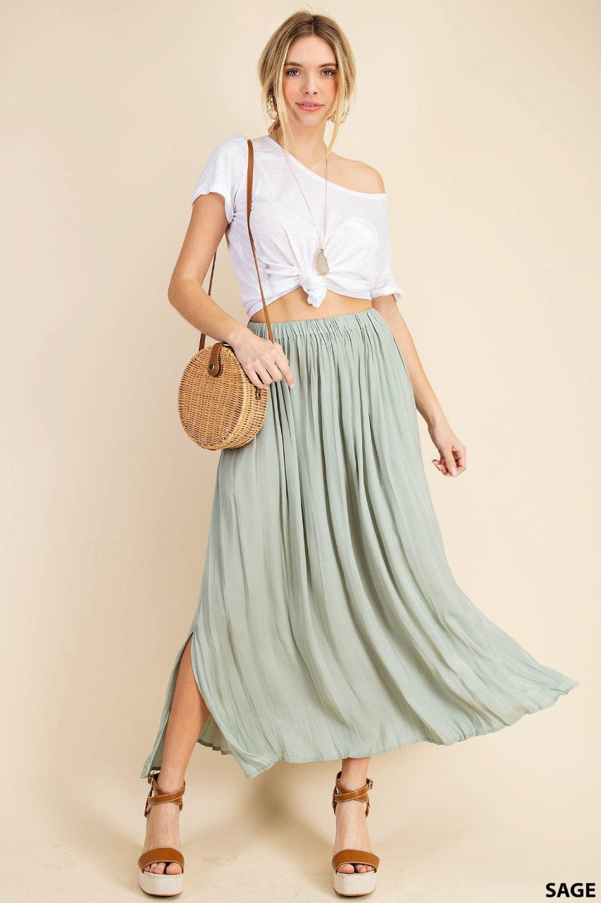 Deep Side Slit A-line Skirt WITH Side Pockets and Elastic Waist